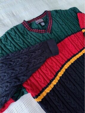 Roundtree & Yorke Vintage Y2K Color Block V Neck Cable Knit Sweater Mens L